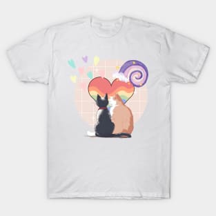 Couple cats and heart-shaped images in a soft watercolor atmosphere create a sweet mood. T-Shirt